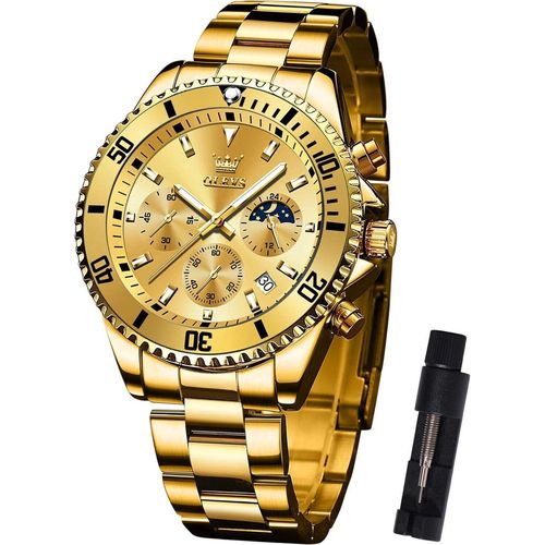 Multifunktionsuhr für Herren mit Datum, Golde und Silber Edelstahl Analog Uhren für Herren, Klassische Drehbarer Lünette Herren Armbanduhr