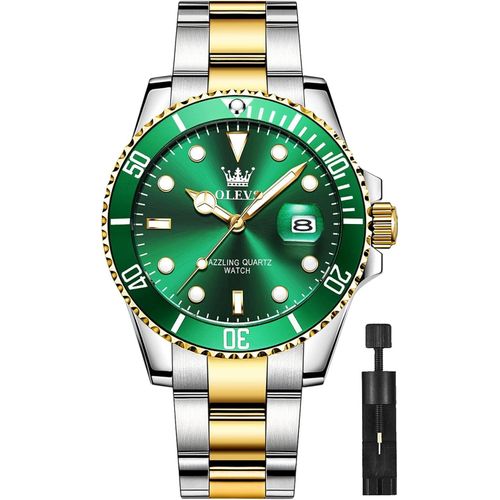 Multifunktionsuhr für Herren mit Datum, Golde und Silber Edelstahl Analog Uhren für Herren, Klassische Drehbarer Lünette Herren Armbanduhr