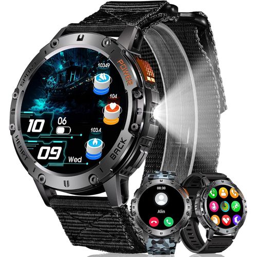 Smartwatch Herren Fitness Uhr IP68 Wasserdicht mit LED Taschenlampe, Blutdruck, Schrittzähler, Pulsmesser, Sport Tracker, kompatibel mit Android iOS
