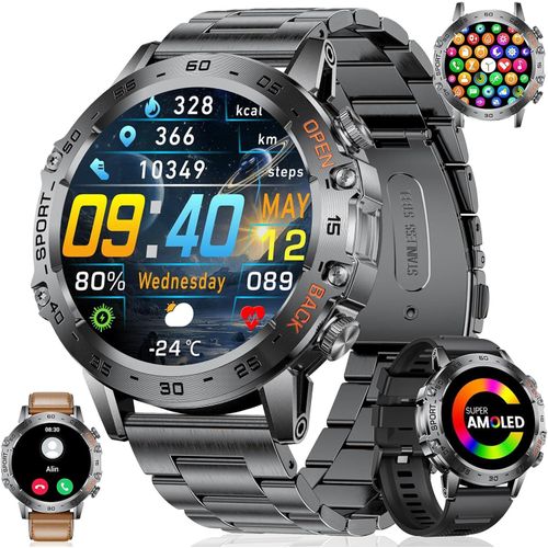 Militär Smartwatch Herren mit Anruf Texte Erinnerung, 530mAh Akku - 1.45''Amoled Display 100+ Sportmodi Fitnessuhr mit Herzfrequenz SpO2 Schlafmonitor