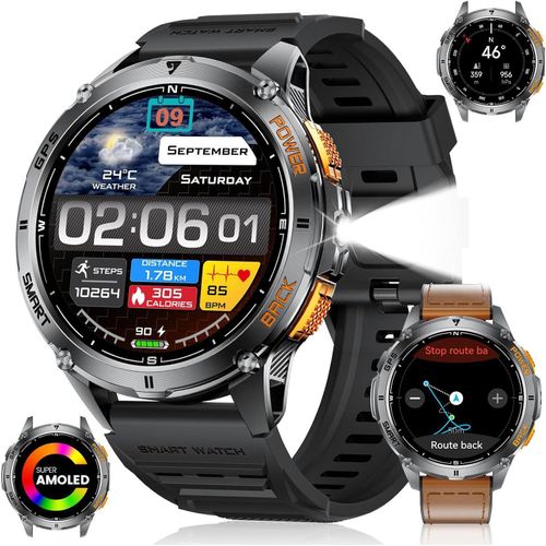 mit 5ATM Wasserdicht Smart Watch, Barometerdruck/Höhenmesser, 1,43'' AMOLED Fitnessuhr Herren mit 170+ Sportmodi, Kompass Herzfrequenz