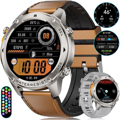 Smartwatch Herren 48mm/5ATM&IP69K Wasserdicht/45+Tage Akku,1,43'' AMOLED mit Telefonfunktion,Kompass,Barometer,Herzfrequenz,170+ Sportmodi Fitnessuhr