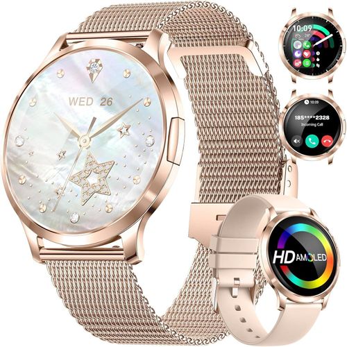 Amoled Kreisbogen Display,Damen Armbanduhr mit Pulsuhr/Menstruationszyklus/SpO2/Schlafmonitor,IP68 Wasserdicht Fitness Tracker