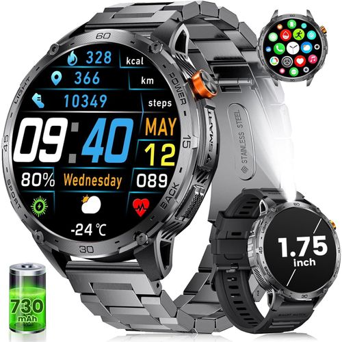Herren Smartwatch mit LED-Taschenlampe, elefonfunktion, 120+ Sportmodi, Herzfrequenz-/Schlafmonitor, IP68 wasserdichte Sport