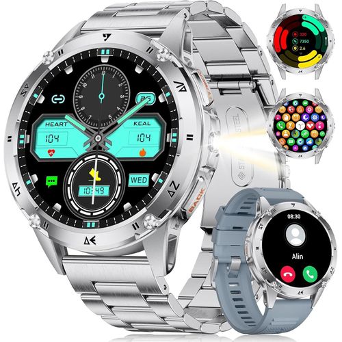 Smartwatch Herren Militär, 530 mAh Akku, 1,43'' AMOLED Sportuhr Herren mit Taschenlampe/110+ Sportmodi,IP68 Wasserdicht Fitnessuhr mit Herzfrequenz