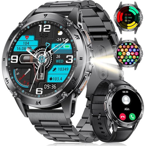 Smartwatch Herren Militär, 530 mAh Akku, 1,43'' AMOLED Sportuhr Herren mit Taschenlampe/110+ Sportmodi,IP68 Wasserdicht Fitnessuhr mit Herzfrequenz