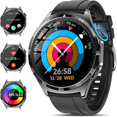 2025 Neu Smartwatch Herren mit EKG/HRV/Harnsäure/BMI, 48mm 1.43’’ Zoll AMOLED Fitnessuhr mit Telefonfunktion 24H Blutdruck Herzfrequenz SpO2