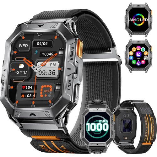 Smartwatch Herren Militär, 1000mAh Akku mit 70+ Sportmodi, 24/7 Herzfrequenz, SpO2, Schlafmonitor, 5ATM Wasserdicht