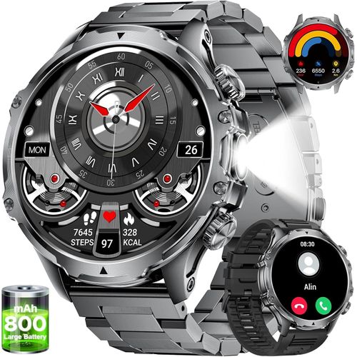 Smartwatch Herren 800mAh Akku HD Großes Display/LED Taschenlampe mit Telefonfunktion, 110+ Sportmodi Fitness IP68 Wasserdicht