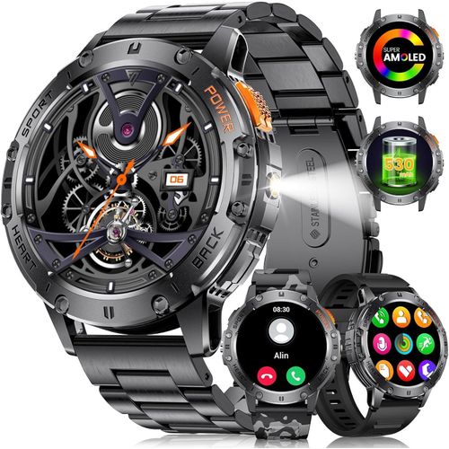 Herren Militär Smartwatch mit LED-Taschenlampe 530 mAh, 120+ Sportmodi Herzfrequenz-/SpO2-/Schlafmonitor, 3 Bänder IP68 wasserdichte