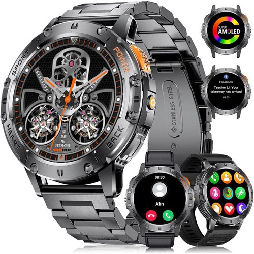 Herren Militär Smartwatch mit LED-Taschenlampe 530 mAh, 120+ Sportmodi Herzfrequenz-/SpO2-/Schlafmonitor, 3 Bänder IP68 wasserdichte