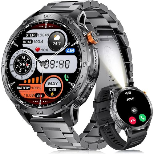 Herren Smartwatch mit LED-Taschenlampe, Telefonfunktion, 110+ Sportmodi, Fitnessuhr, 24/7 Herzfrequenz-/Schlafüberwachung AMOLED Großdisplay/730 mAh