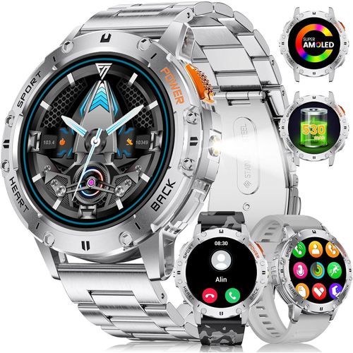 Herren Militär Smartwatch mit LED-Taschenlampe 530 mAh, 120+ Sportmodi Herzfrequenz-/SpO2-/Schlafmonitor, 3 Bänder IP68 wasserdichte