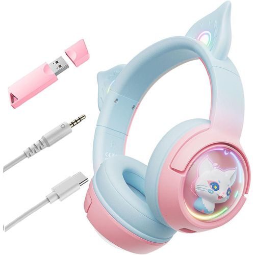 Bluetooth Katzenohr Kabellos Kopfhörer, Cat Ear Gaming Headset mit Mikrofon Headset Pink mit RGB LED Licht 2.4GHz Wireless 3.5mm Wired Kopfhörer