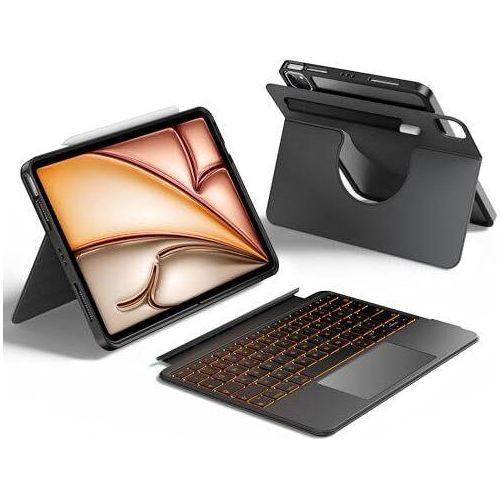 Hou QWERTZ rotierende Tastaturhülle iPad Air 11 Zoll (M3/M2) 2025 Magnetisch abnehmbar 6/5/4, Pro 03/2/1 Touchpad, Lichthalter, Stiftkoffer,