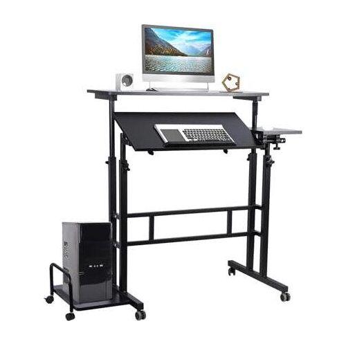 Mobile Stehschreibtisch verstellbare Höhe, Rolling Laptop Cart Home Office, tragbare 360 ° -Räder, faltbarer Computer entfernbarer Sideboard, kleine