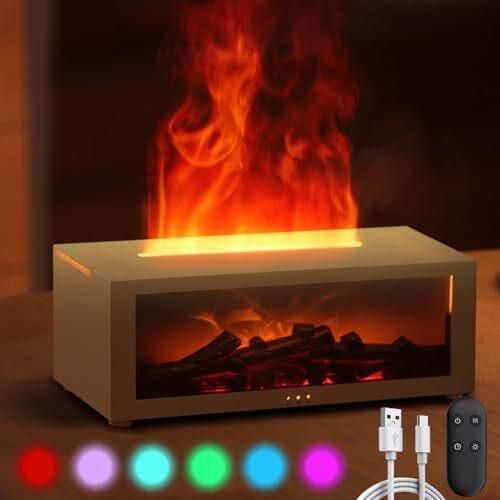 Weiß Aroma Diffuser mit 7 Flammen Effekt, 150ml Ätherische Öle Luftbefeuchter Humidifier Timing & Fernbedienung Lichtwechsel Tragbar Vulkan für