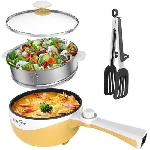 Audecook Electric Hot Pot Dampfer, 1,7 l/20 cm Bratpfanne, Hotpot-Topf, Nicht-Stick-Mini-Multi-Kocher-Schlafsaal, Steak (I (Yellow/1,7 L Dampfer))