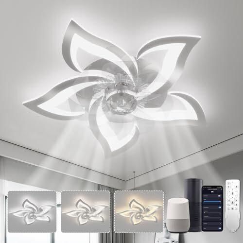 Yunlong Deckenlüfterbeleuchtung kompatibler Alexa Google Assistent, Lampe Ruhe, Sommer Winterbetrieb DC Motor, dimmbar, Schlafzimmer, Chrom