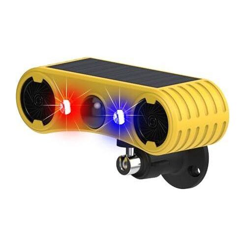 DINOWI Solar Bewegungsmelder Alarm wasserdicht 130dB Dual Lautsprecher Hundegebell & Rotes Blaulicht Alarmleuchte 13 Tonschleife Alarmanlage für