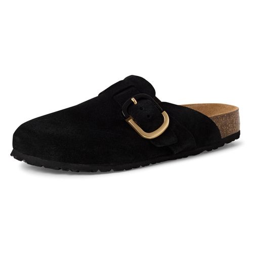 Clog TAMARIS, Damen, Gr. 41, schwarz, Veloursleder, unifarben, klassisch, Schuhe, Hausschuh, Schupfschuh, Bequemschuh mit verstellbarer Schnalle