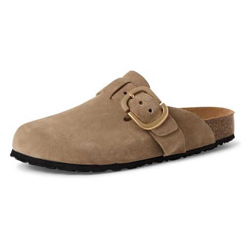 Clog TAMARIS, Damen, Gr. 37, grau (taupe), Veloursleder, unifarben, klassisch, Schuhe, Hausschuh, Schupfschuh, Bequemschuh mit verstellbarer Schnalle