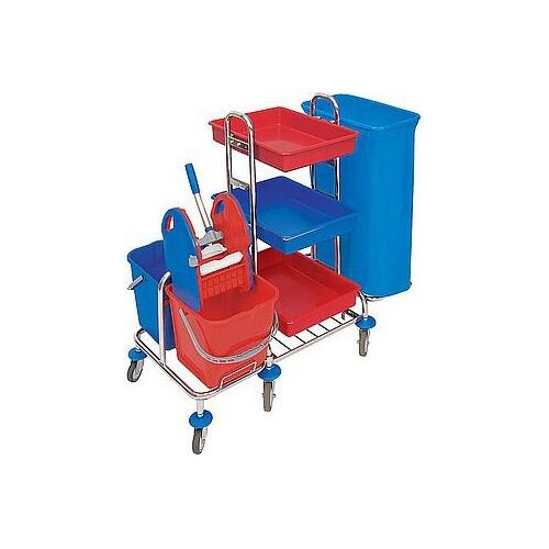 Splast verchromter Wagen mit Abfallsackhalter, Plastikablagen, Eimern und Moppresse