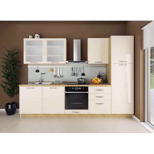 Küchenzeile / Küchenblock Fagali 22, 8-teilig, Farbe: Eiche Braun / Creme Hochglanz