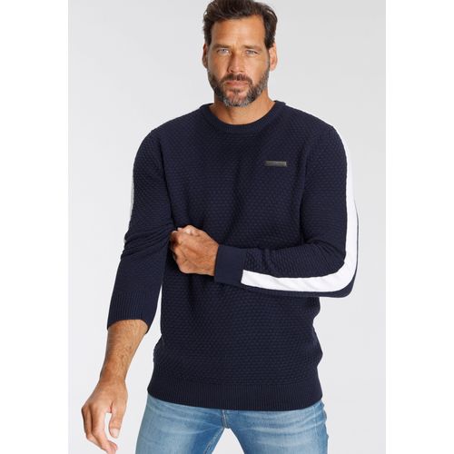 Rundhalspullover H.I.S, Herren, Gr. M (48/50), blau (marine), Strick, Obermaterial: 50% Baumwolle, 50% Polyacryl, kontrastfarbene Details, casual, normal, Rundhals, Langarm Rippstrickbündchen, Pullover, mit Kontraststreifen am Ärmel