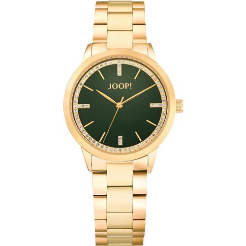 Quarzuhr JOOP, gold (goldfarben, grün), Armbanduhren, Damen, Armbanduhr, Damenuhr, analog, Glassteine, Edelstahlarmband