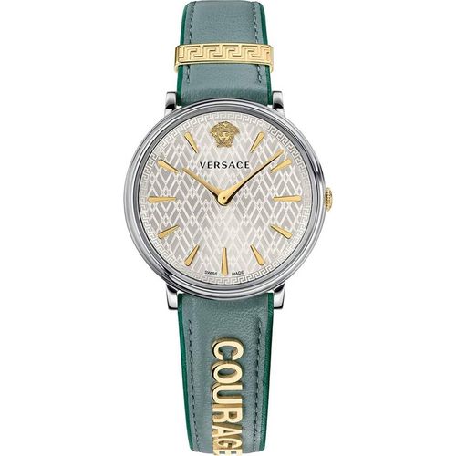 Versace VBP010017 V-Circle Lady silber gold hell grün Leder Damen Uhr NEU
