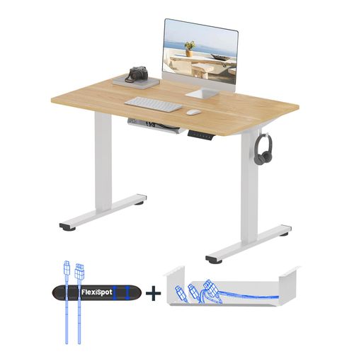 FLEXISPOT Höhenverstellbarer Schreibtisch Basic 120x60cm mit Kabelmanagement und Haken - Ergonomisches Sitz-Stehpult mit einteiliger Tischplatte Ahorn