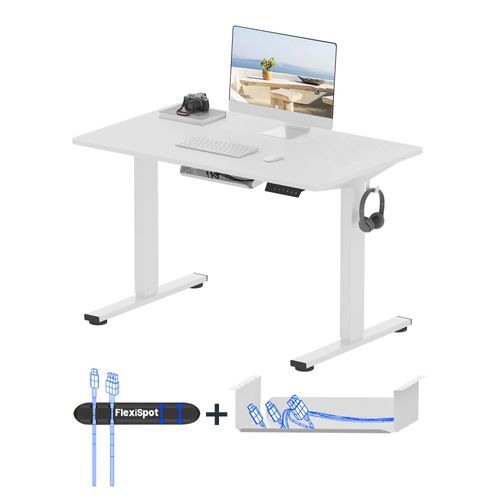 FLEXISPOT Höhenverstellbarer Schreibtisch Basic 100x60cm mit Kabelmanagement und Haken - Ergonomisches Sitz-Stehpult mit einteiliger Tischplatte Weiß