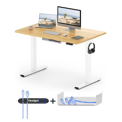 FLEXISPOT Höhenverstellbarer Schreibtisch Basic 100x60cm mit Kabelmanagement und Haken - Ergonomisches Sitz-Stehpult mit einteiliger Tischplatte Ahorn