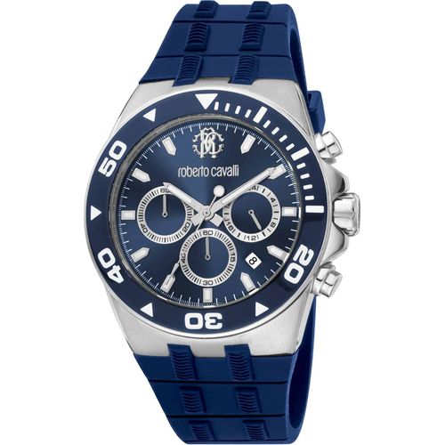 Roberto Cavalli RC5G016P0025 Chronograph silber blau Silikon Herren Uhr NEU