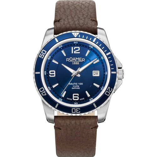 Roamer 862844 41 45 02 Nautic 100 blau silber braun Leder Herren Uhr NEU