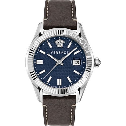 Versace VE3K00122 Greca Time blau silber braun Leder Armband Uhr Herren NEU
