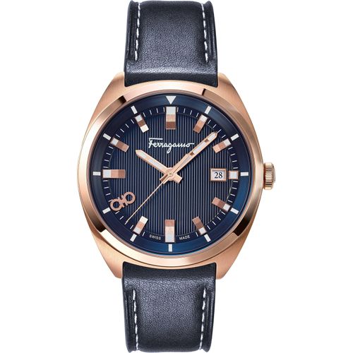 Salvatore Ferragamo Evolution SFNJ00220 roségold blau Leder Herren Uhr NEU
