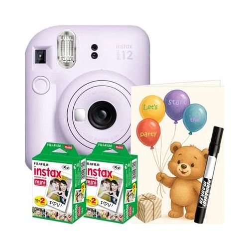Fujifilm Instax Mini 12 Party Pack Sofortbildkamera Lila – Event-Set inkl. 40 Filme, Grußkarten & Zubehör