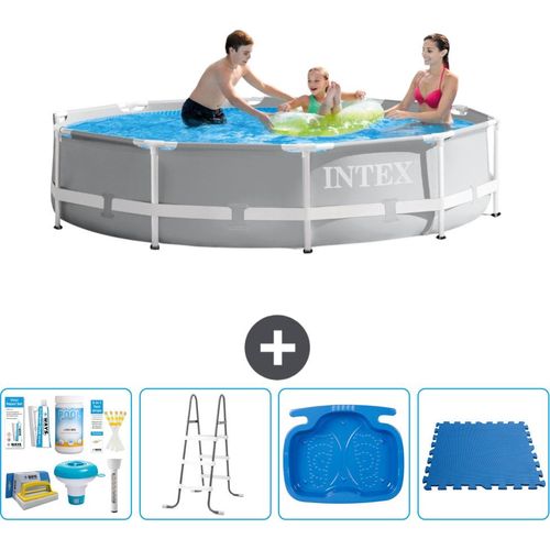 Intex-Schwimmbecken mit rundem Prismenrahmen – 305 x 76 cm – Grau – im Lieferumfang enthalten Wartungspaket - Leiter - Fußbad - Bodenfliesen