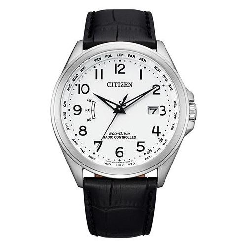 Funkuhr CITIZEN, schwarz (schwarz, weiß), Armbanduhren, Herren, Armbanduhr, Herrenuhr, Solar, Lederarmband, Saphirglas, Datum