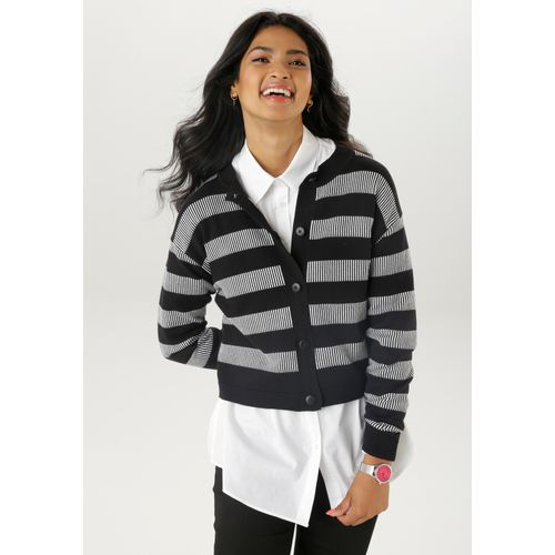 Strickjacke ANISTON SELECTED, Damen, Gr. 44, schwarz-weiß (schwarz, weiß), Strick, Obermaterial: 70% Baumwolle, 30% Polyamid, gemustert, gestreift, figurumspielend taillenbedeckt, Rundhals, Strickbündchen, Strickjacken, im trendigen Streifen-Dessin