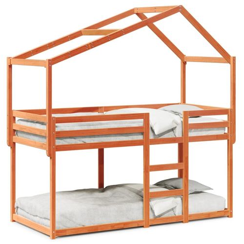 Etagenbett Mit Dach Massivholz Kiefer | Farbe: Wachsbraun | Größe: 80 x 200 cm
