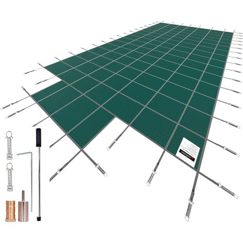 SucceBuy Pool-Sicherheitsabdeckung, passend für rechteckige Einbaupools mit den Maßen 6 x 12 m, solide Netzabdeckung mit 1,2 x 3 m Mittelstufe und Abflusslöchern für Sicherheit im Winter, grün