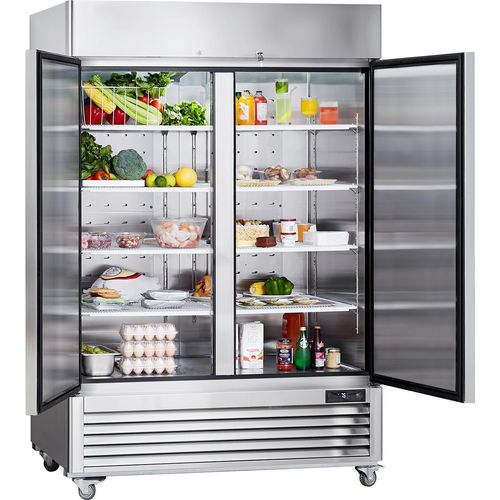 SucceBuy Gewerbekühlschrank von, 38,83 Kubikfuß, Kühlschrank mit 2 Türen. Edelstahl, automatische Abtaufunktion, 6 Ablagen. Temperaturregelung von -2,8 bis 8,3 °C, 4 Räder für Mobilität.