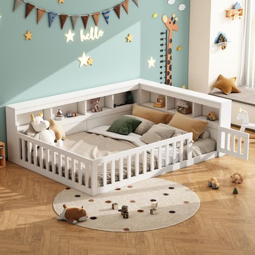Flieks Kinderbett Bodenbett 140x200cm mit USB und Tür, Doppelbett Holzbett Tagesbett Kinder mit Regal, Klassisches Kinderbett mit Rausfallschutz, Weiß