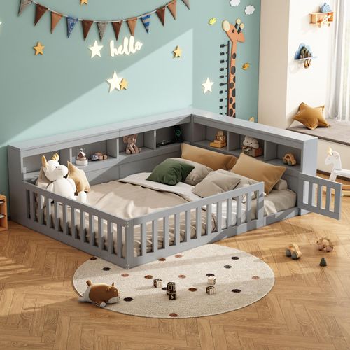Flieks Kinderbett Bodenbett 140x190cm mit USB und Tür, Doppelbett Holzbett Tagesbett Kinder mit Regal, Klassisches Kinderbett mit Rausfallschutz, Grau