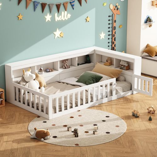 Flieks Kinderbett Bodenbett 90x200cm mit USB und Tür, Einzelbett Holzbett Tagesbett Kinder mit Regal, Klassisches Kinderbett mit Rausfallschutz, Weiß
