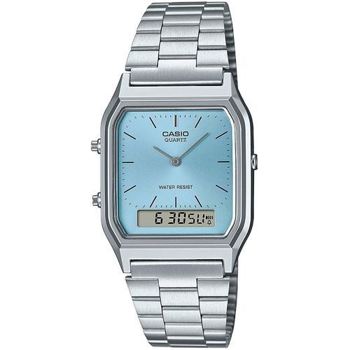Chronograph CASIO VINTAGE, silber (silberfarben, hellblau), Armbanduhren, Damen, Quarzuhr, Armbanduhr, Damenuhr, Herrenuhr, Digitaluhr, Edelstahlband