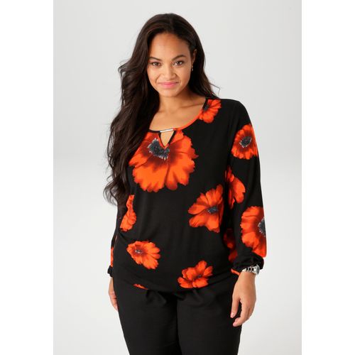 Langarmshirt ANISTON PLUS, Damen, Gr. 52, schwarz (schwarz, orangerot, rostrotanthrazit, grau, weiß), Single Jersey, Obermaterial: 95% Viskose, 5% Elasthan, bedruckt, geblümt, figurumspielend Po-bedeckend, Rundhals, elastischer Bund mit Gummizug, Shirts, mit großflächigen Mohnblüten bedruckt